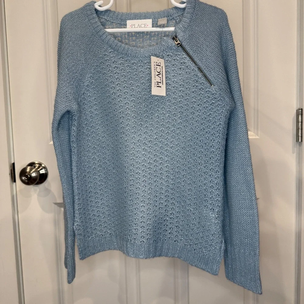 The Childrens Place Girls Blue Shimmer Open Knit Zipper Sweater Size S‎ 5/6 NWT